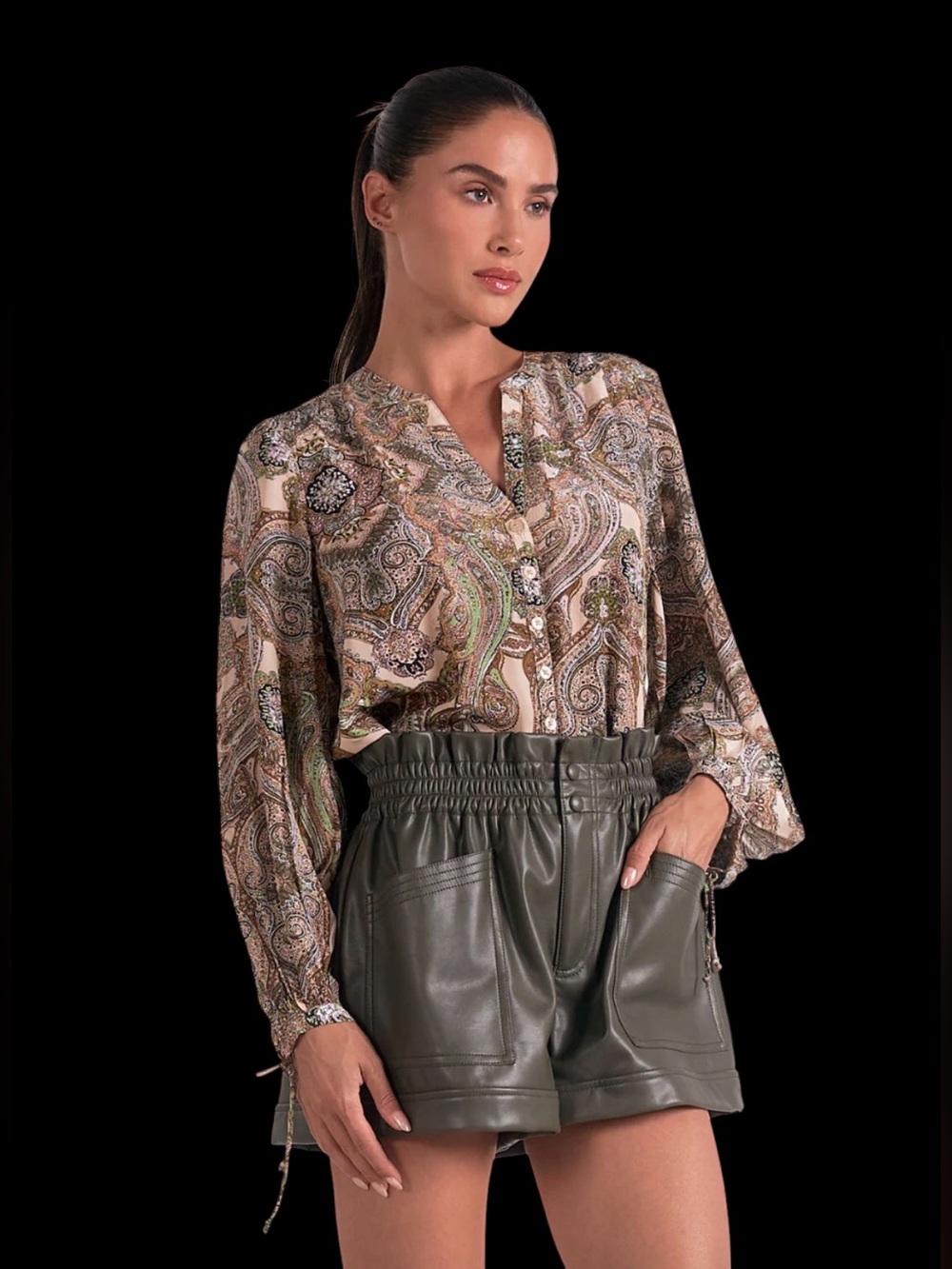 Elan Paisley Print Button-Front Blouse in Cream and Olive NEW with‎ Tags